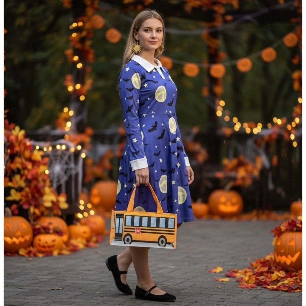 NEW Ms Frizzl Magic School Bus Halloween Dress School Bus Bag Earrings‎